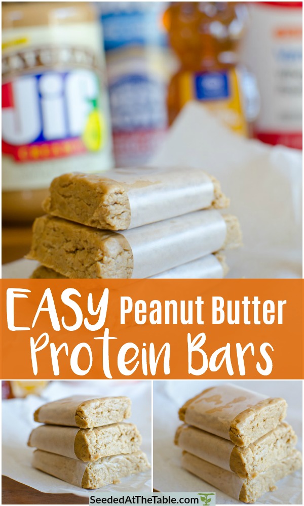 These Easy Peanut Butter Protein Bars are no-bake and contain only four simple ingredients.  A great snack to boost your energy and serve a source of protein!