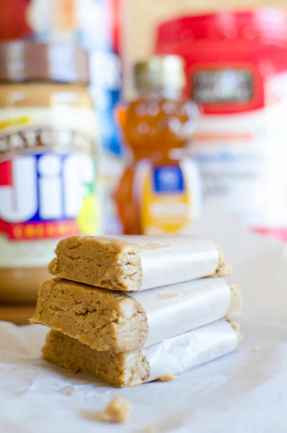 stack of homemade protein bars with peanut butter and honey