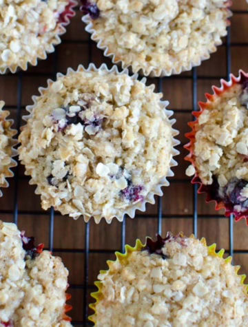 overhead view of blueberry oat banana muffins