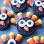 oreo cookie turkeys with candy corn feathers