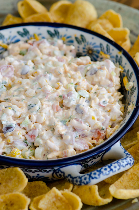 Cheesy Cold Corn Dip ready within minutes and served with Frito Scoops!