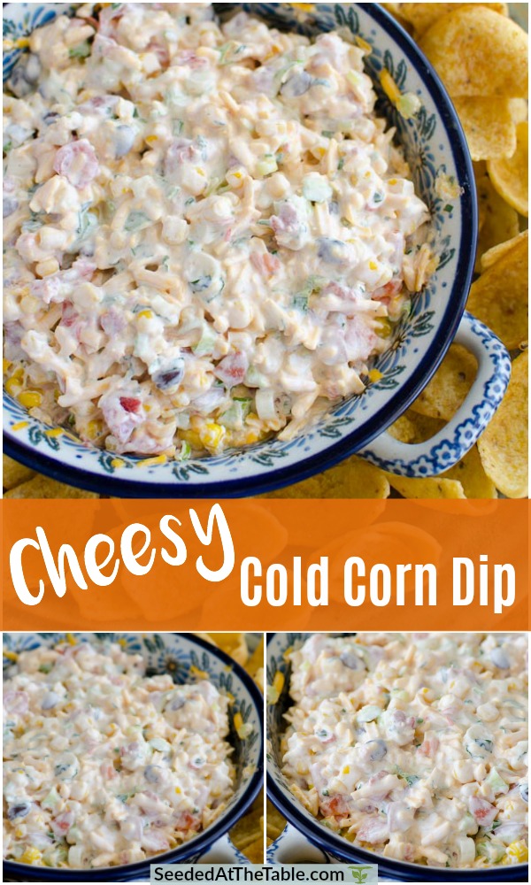 This cheesy cold corn dip is a favorite party dip served with Fritos Scoops for football tailgating season.