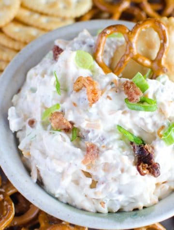 bowl of cream cheese dip with pretzels and crackers