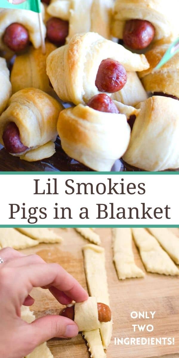 This lil smokies in a blanket recipe is only two ingredients! Use crescent rolls for the pigs in a blanket dough. It's the best party appetizer for any occasion!