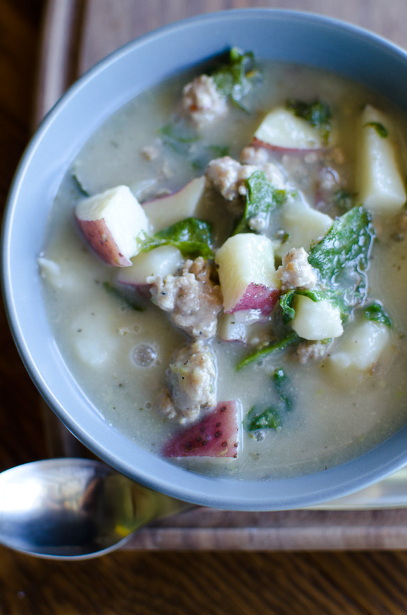 Sausage, Kale and Potato Soup - A simple and healthy potato soup with sausage and kale that is reminiscent of the familiar Zuppa Toscana at your favorite restaurant. This recipe can easily be Whole30 compliant and is full of flavor.