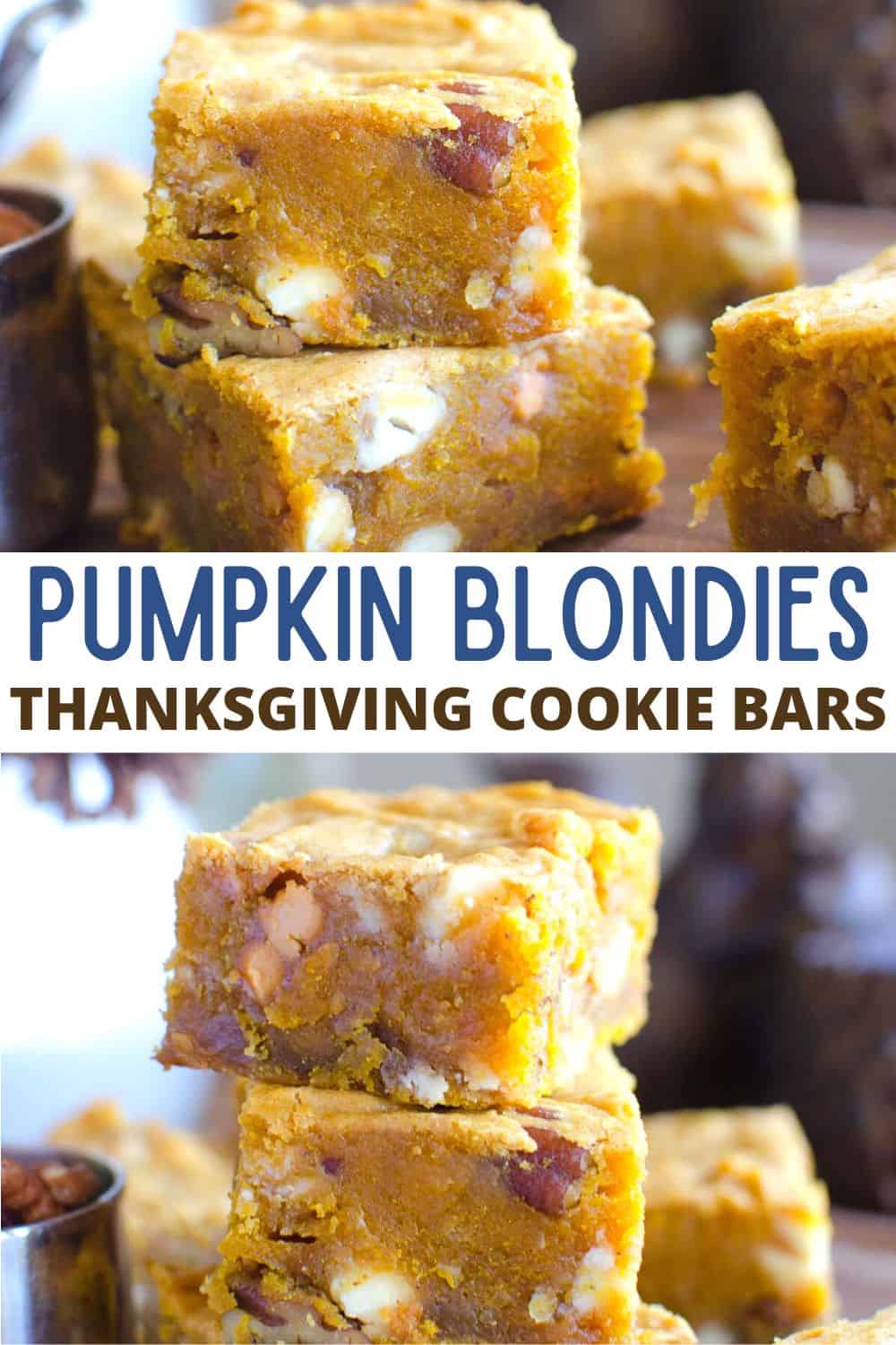 These pumpkin blondies are loaded with rich flavors of fall and a thick gooey texture. These cookie bars are packed with white chocolate chips, butterscotch chips and pecans.