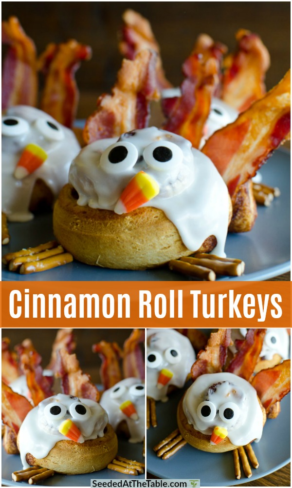 Make a fun Thanksgiving breakfast with these easy Cinnamon Roll Turkeys.  Refrigerated cinnamon rolls are quickly baked and then decorated like turkeys with bacon feathers, candy eyes, candy corn nose, and pretzel sticks feet.  Your kids will giggle with these goofy cinnamon roll turkeys!