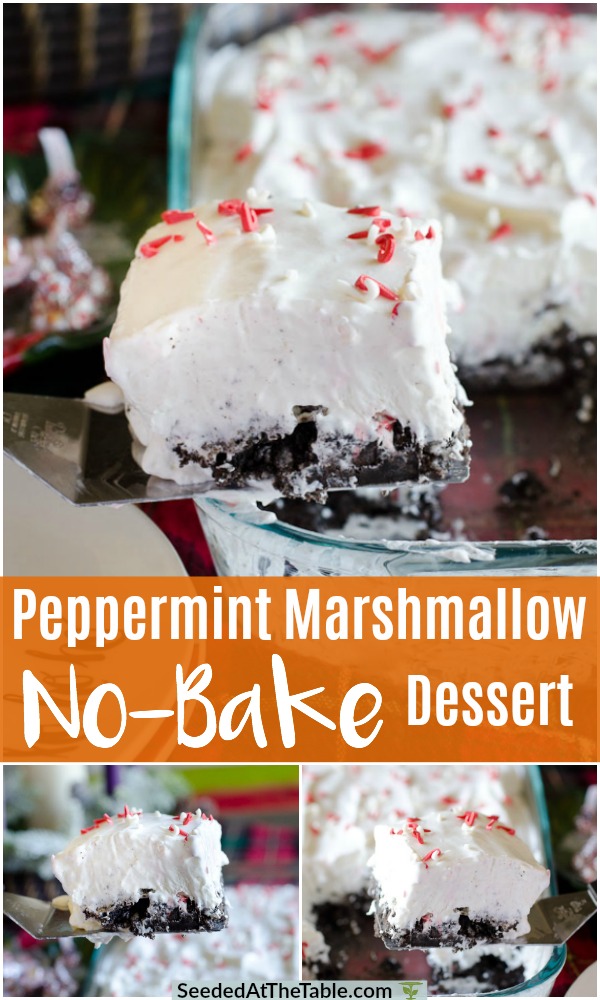 This Peppermint Marshmallow No-Bake Dessert is a blend of peppermint, Cool Whip, and marshmallow over top a delicious Oreo cookie crust.  It's light and fluffy, with a surprise crunch of Hershey's Candy Cane Kisses.  This no-bake Christmas dish is EASY to make resulting in the perfect holiday dessert.