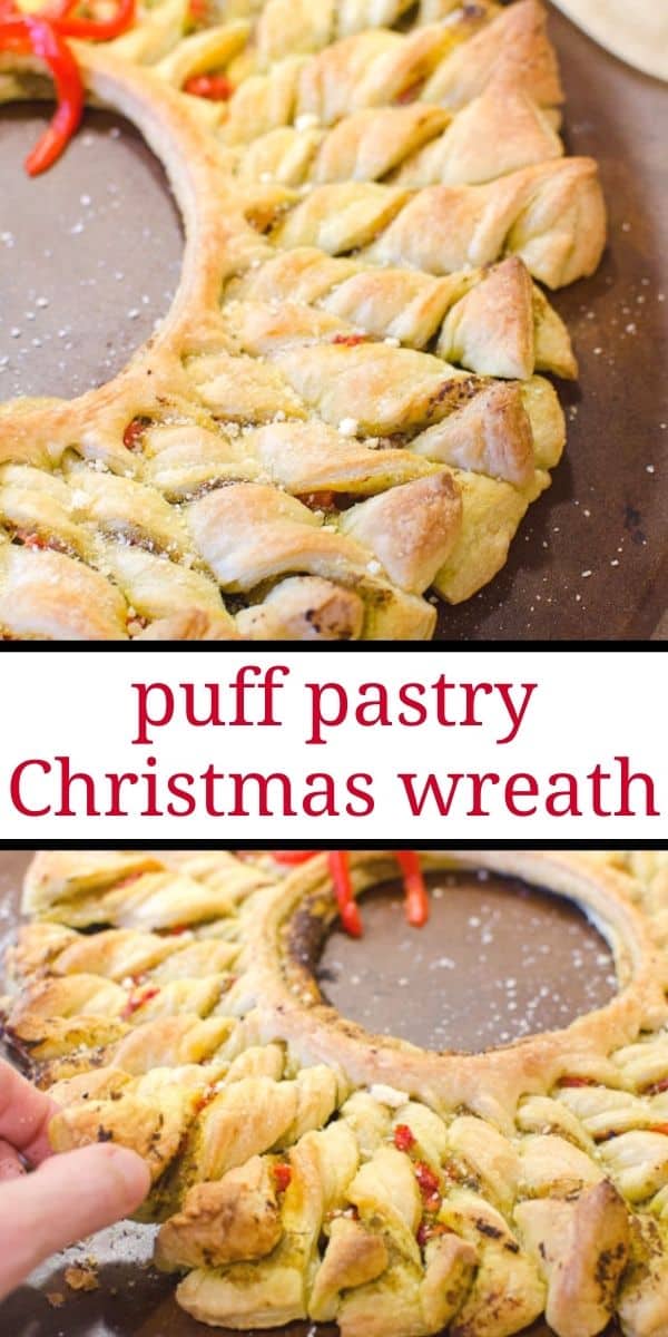 This puff pastry pesto wreath is the perfect easy appetizer for your Christmas party.  This delicious puff pastry Christmas wreath looks fancy, but it's quick and takes only 10 minutes to put together.