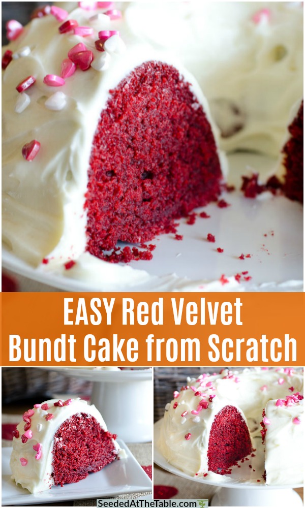 The best and easiest red velvet bundt cake made from scratch with a homemade cream cheese frosting.  This red velvet cake is tender and moist with the perfect crumb to each slice!