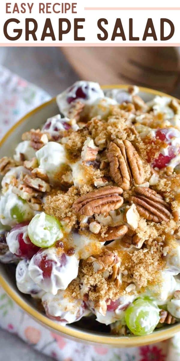 This easy grape salad is a copycat recipe of Chicken Salad Chick's Grape Salad side dish. Green and red grapes mixed into a sweet cream cheese icing and topped with brown sugar and pecans. This is the BEST grape salad recipe and an easy potluck dish that feeds a lot of people!