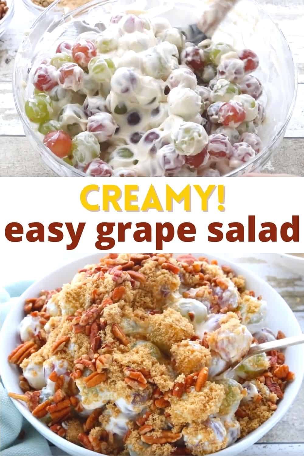 This grape salad is a copycat recipe of Chicken Salad Chick's side dish. This is the BEST creamy grape salad with a crunchy brown sugar pecan topping.