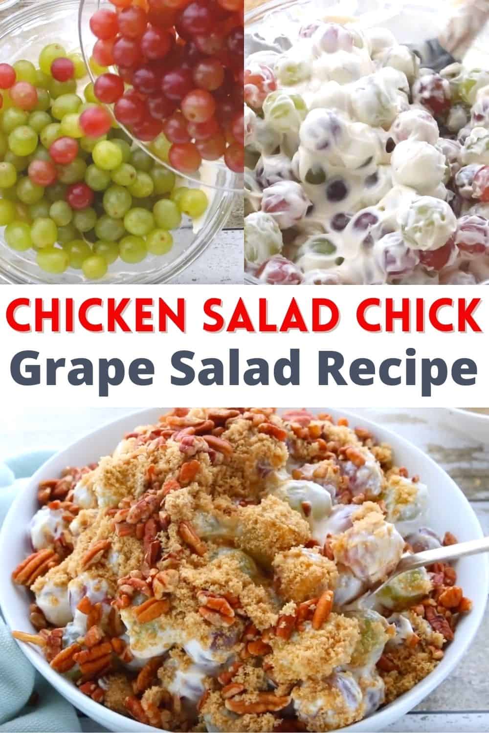 This grape salad is a copycat recipe of Chicken Salad Chick's side dish. This is the BEST creamy grape salad with a crunchy brown sugar pecan topping.