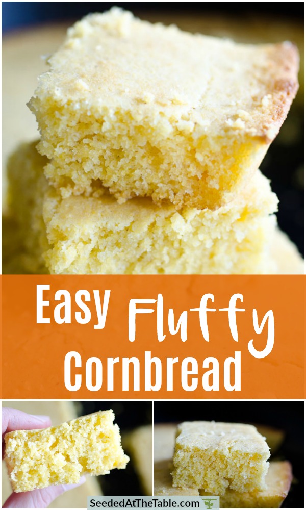 This Easy Fluffy Cornbread recipe makes THE BEST fluffy buttery cornbread.  Mix simple ingredients in just one bowl then pour into a hot skillet.  You can't go wrong with this tender and moist cornbread recipe!