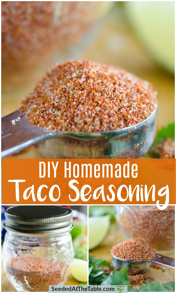 Pinterest collage of homemade taco seasoning pictured in a teaspoon and jar.