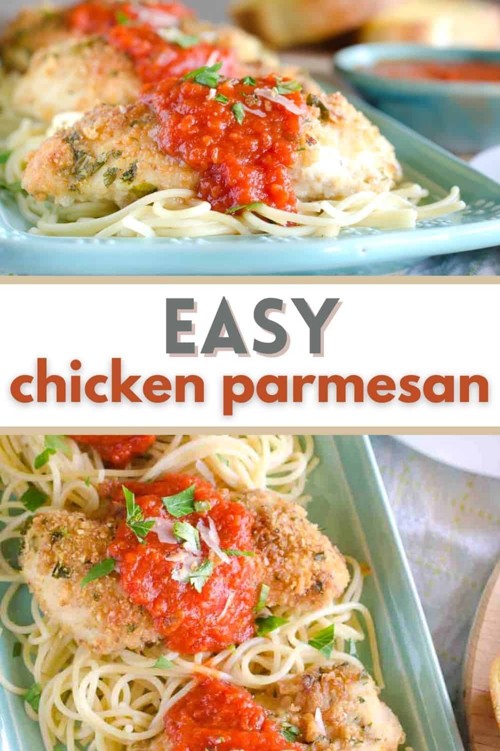 This Chicken Parmesan recipe is an easy dinner you can throw together any night of the week!  With a few simple ingredients, this crispy coated chicken dish is ready in minutes!