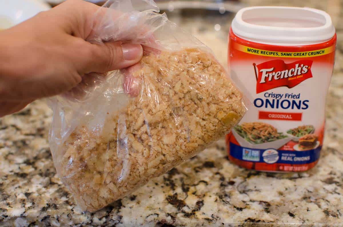 crush French fried onion in baggie