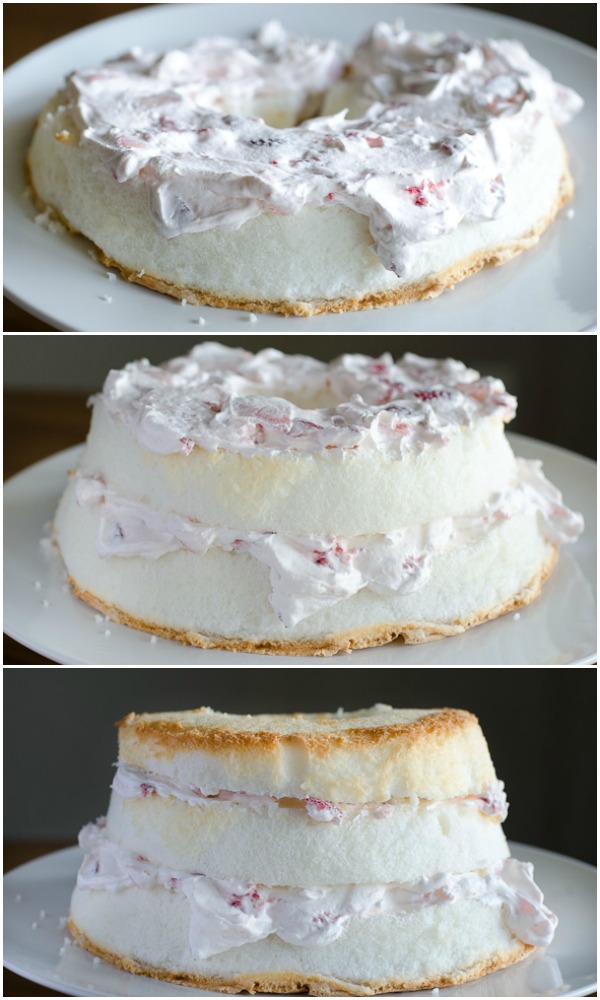 Step by step to frost strawberry angel food cake.