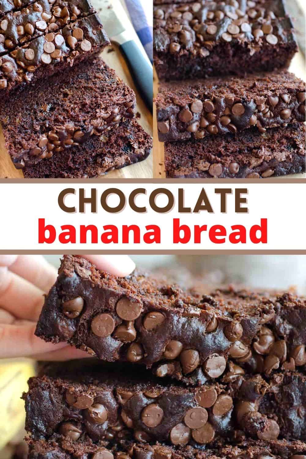 This chocolate banana bread is super moist yet sturdy. Loaded with chocolate chips, this recipe is the chocolate lover's dream!