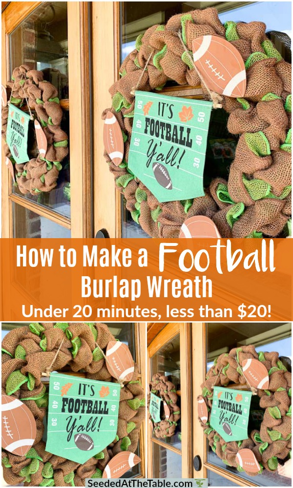 Every fall I hang these football burlap wreaths on my double front doors to celebrate the football season.  You can make the same football burlap wreath in 20 minutes and for less than $20!