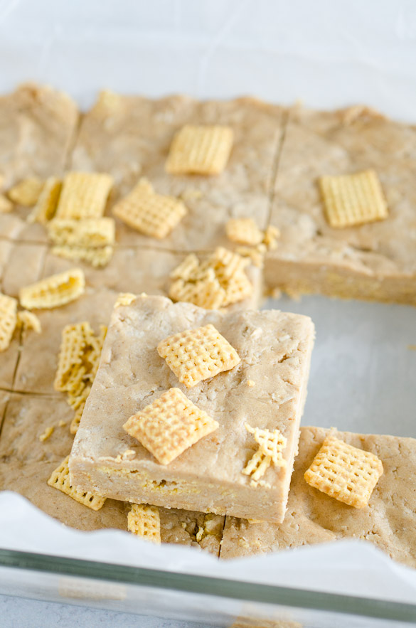 A pan of homemade protein bars topped with Chex cereal