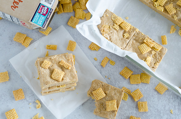 Overhead of homemade protein bars with Chex cereal