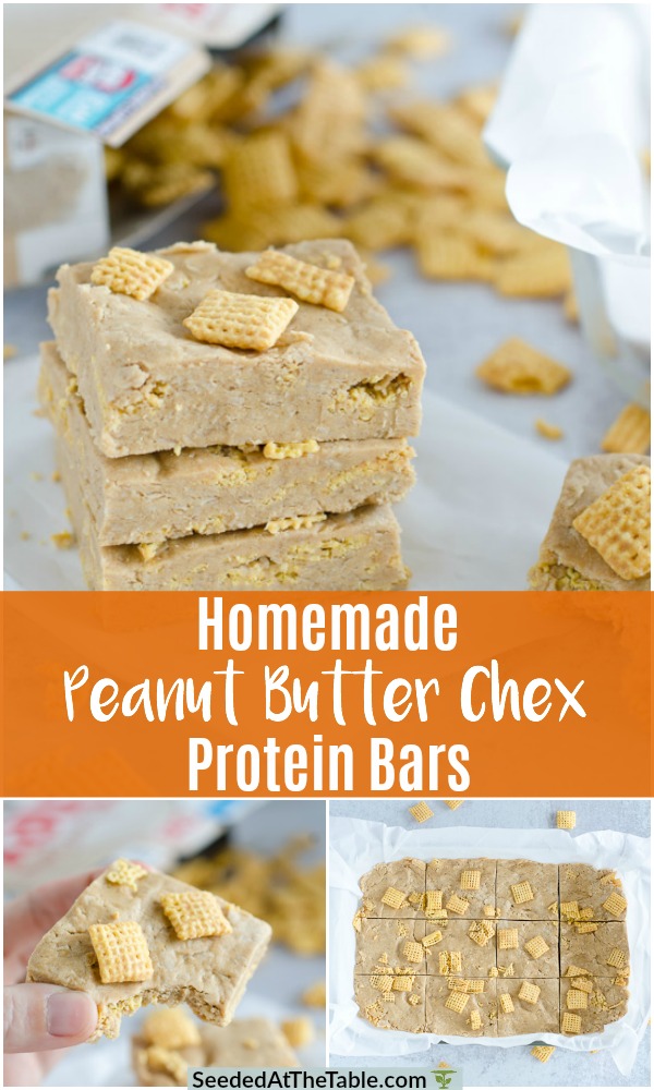 Collage of peanut butter chex protein bars