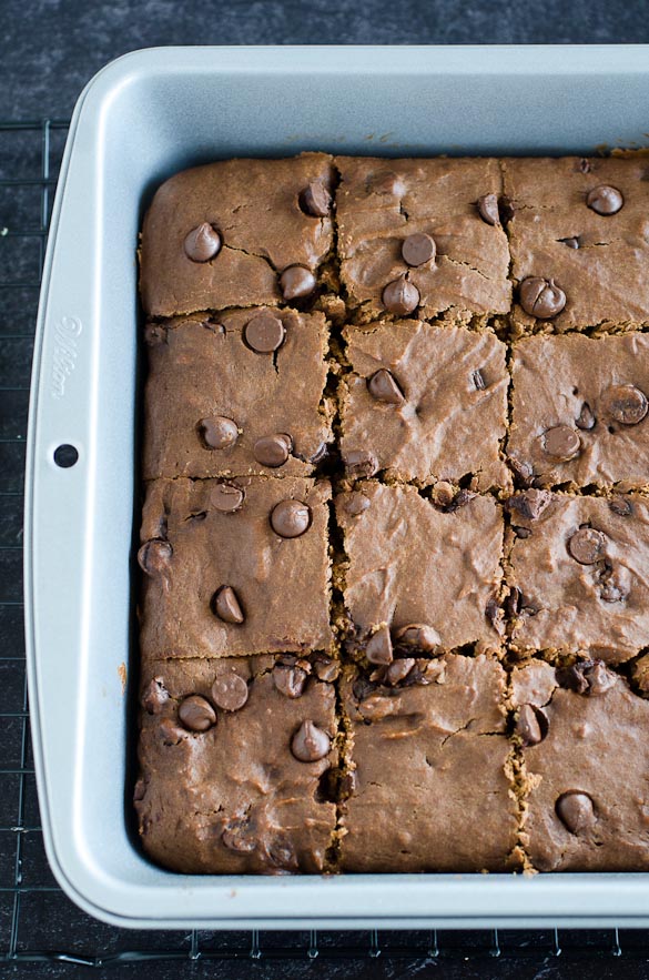 pan of sliced brownies with chocolate chips