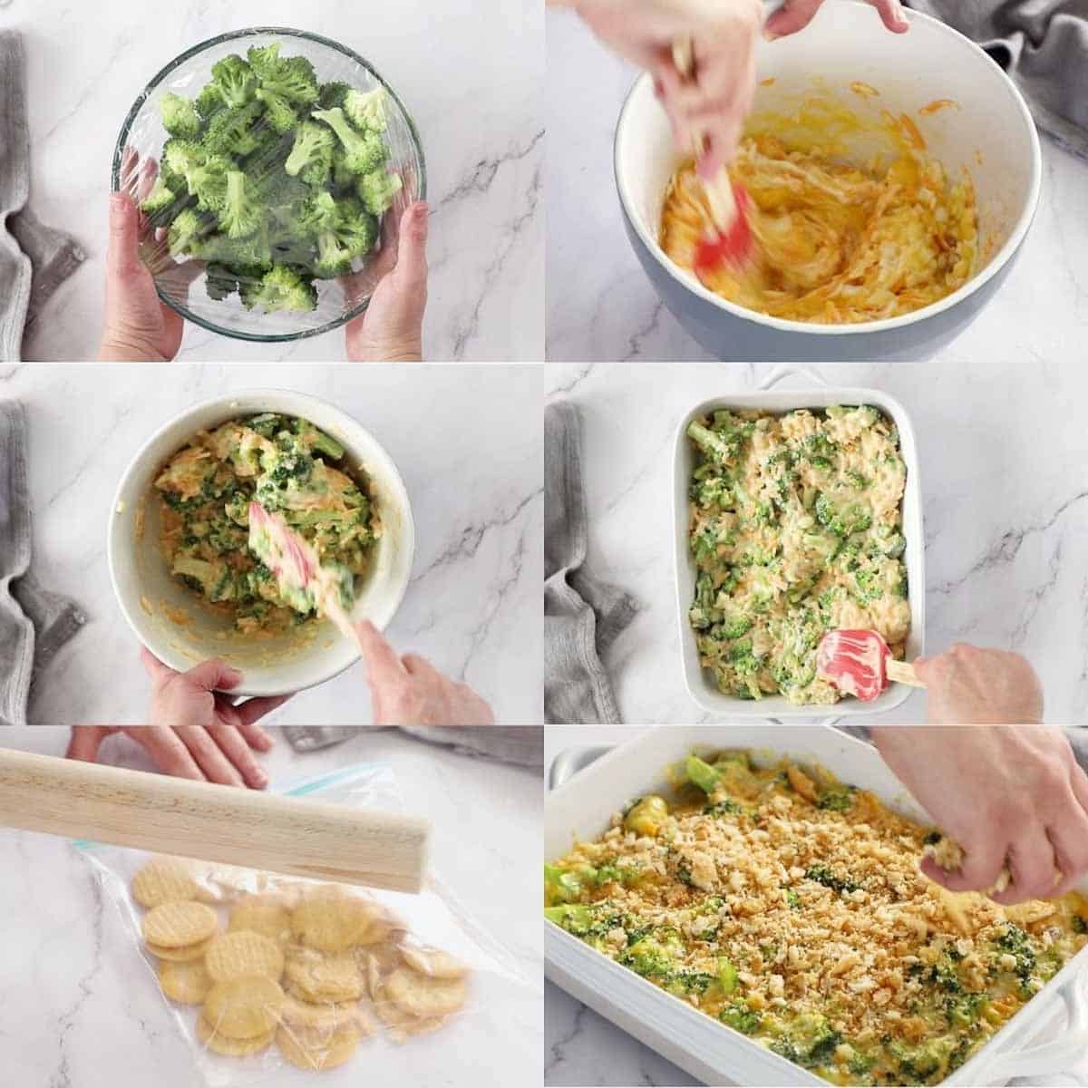 step by step photo collage for how to make broccoli cheese casserole