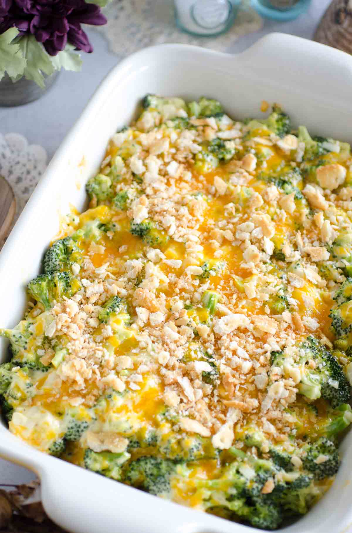 casserole dish with cheesy broccoli