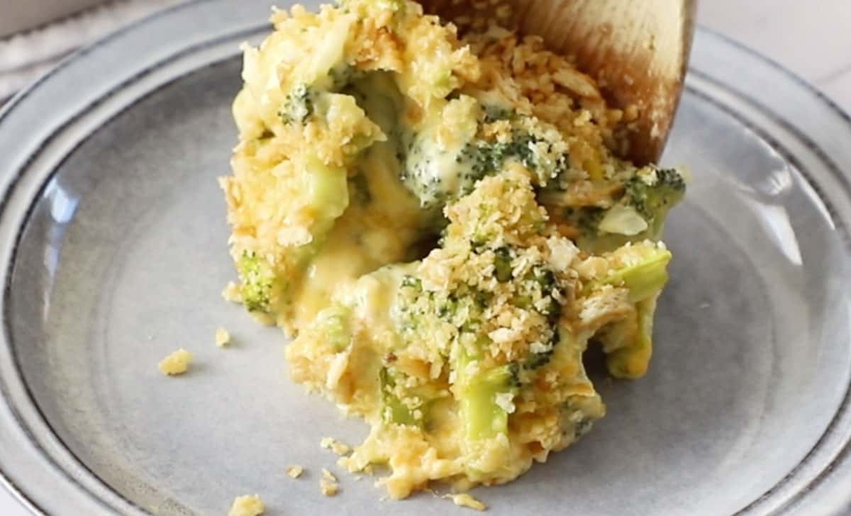 broccoli cheese casserole served on a dish