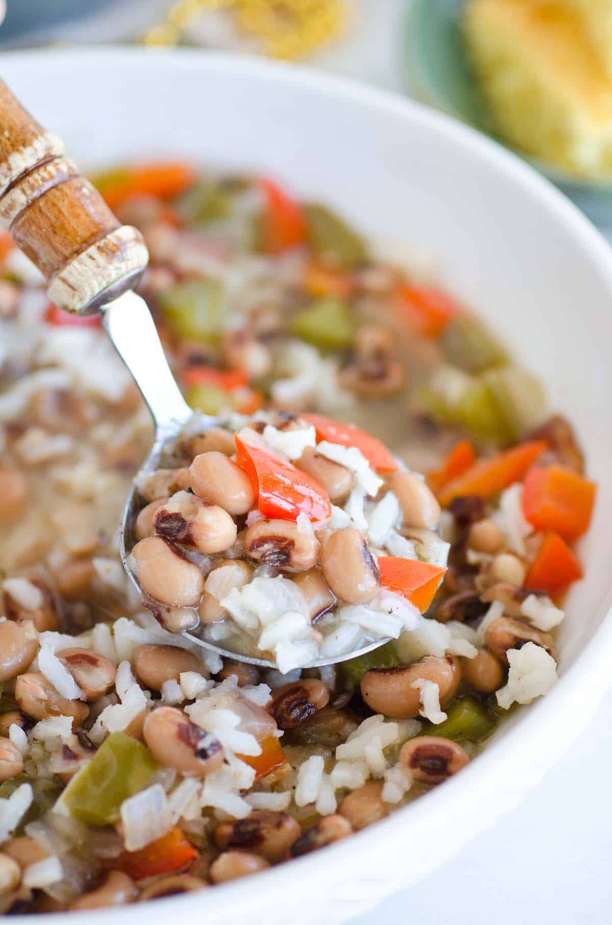 hoppin john in a bowl with spoon