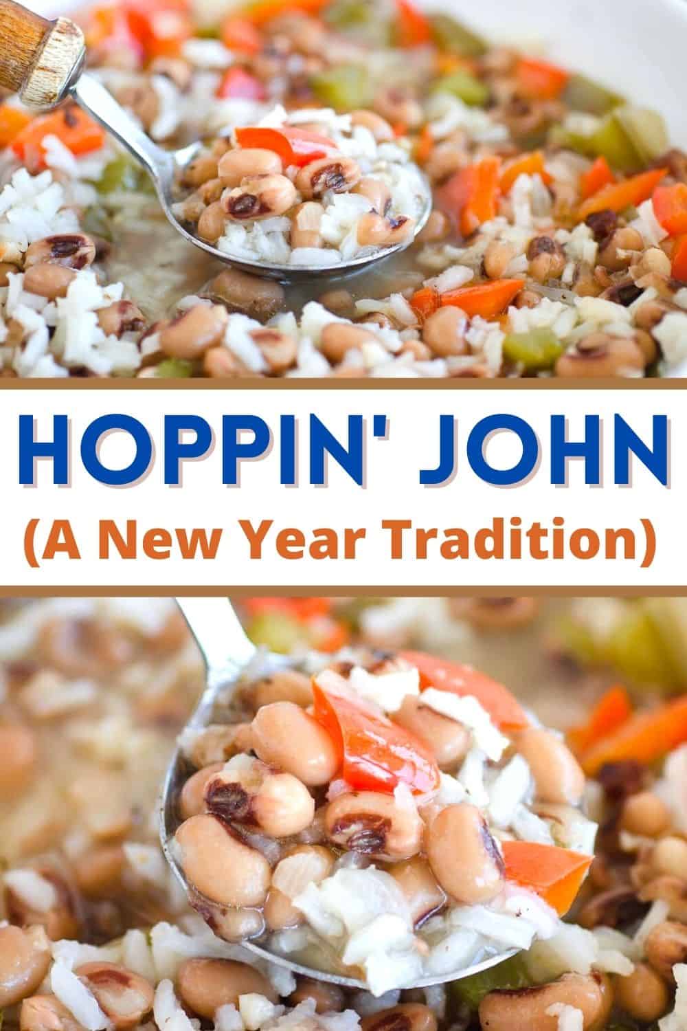 Hoppin' John is a Southern tradition for new years dinner with black eyed peas and rice.  Made with a smoky ham hock or salt pork, this black eyed pea soup is believed by some to bring good luck!