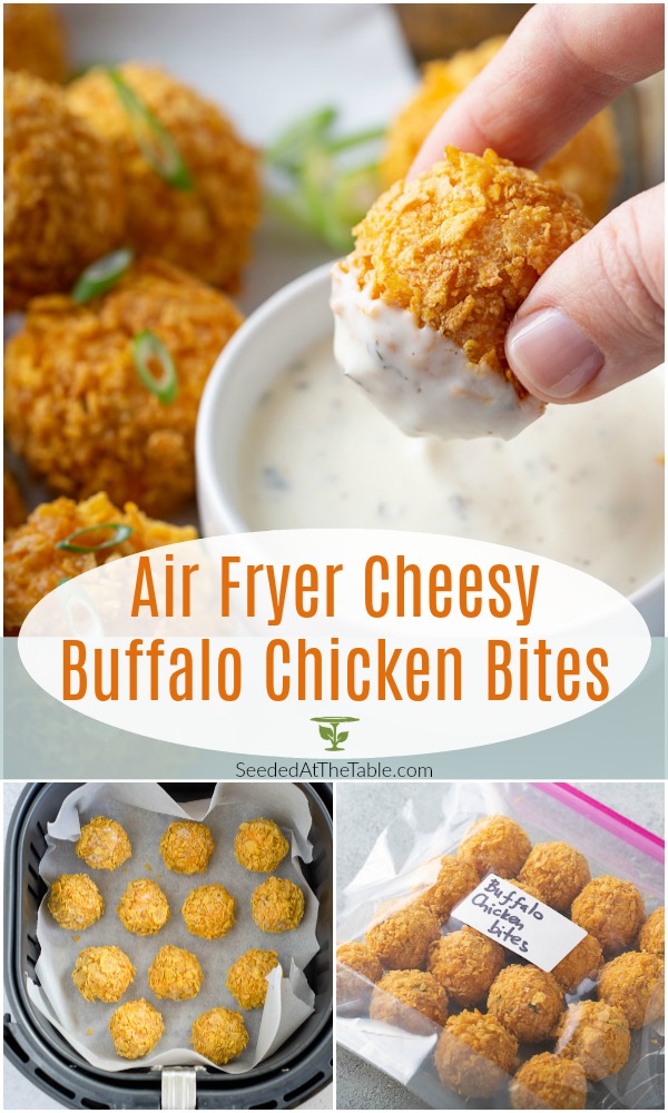 These cheesy buffalo chicken bites are made crispy in the air fryer for a finger food version of buffalo cheese dip.  Party guests love these air fryer chicken and cheese balls as an appetizer, but your family will also love them for dinner!