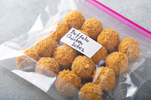 freezer bag filled with buffalo chicken bites