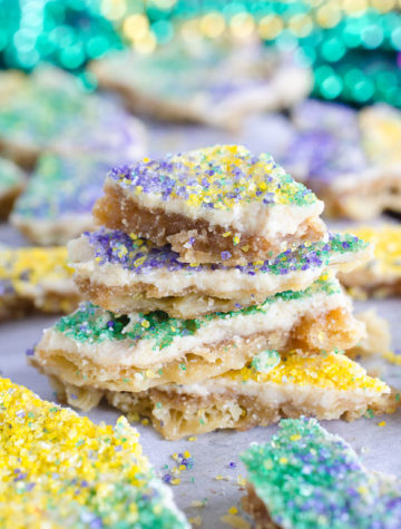 king cake toffee candy with mardi gras colors