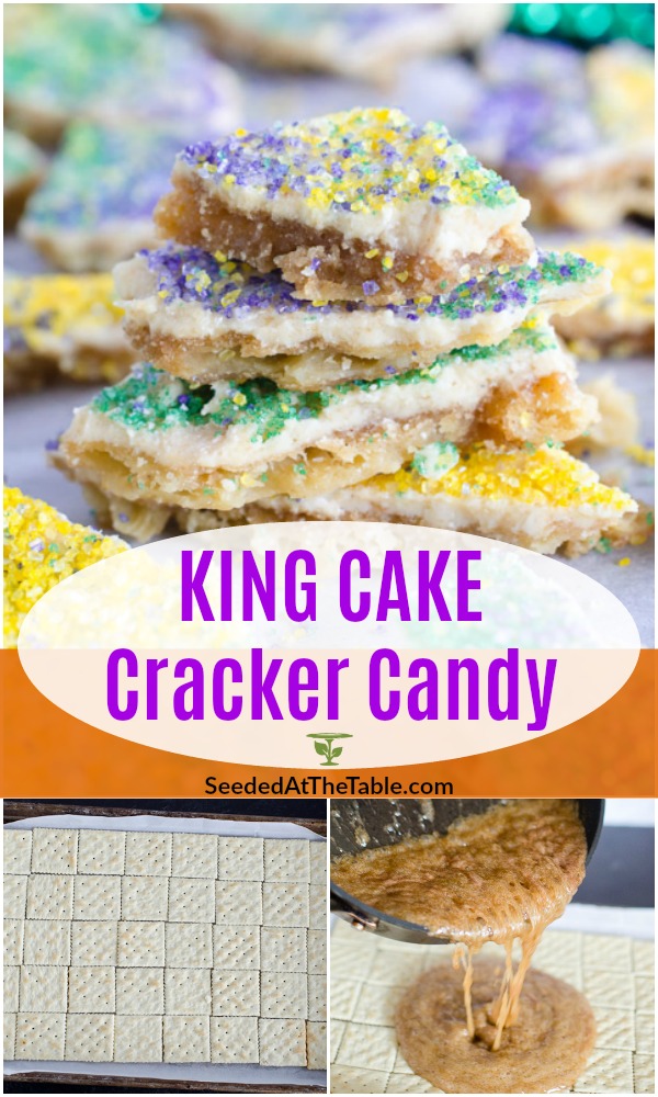 This cracker candy is a fun and easy recipe to celebrate the Mardi Gras season.  With the flavors and colors of a king cake recipe, everyone will keep snacking on this king cake cracker candy!