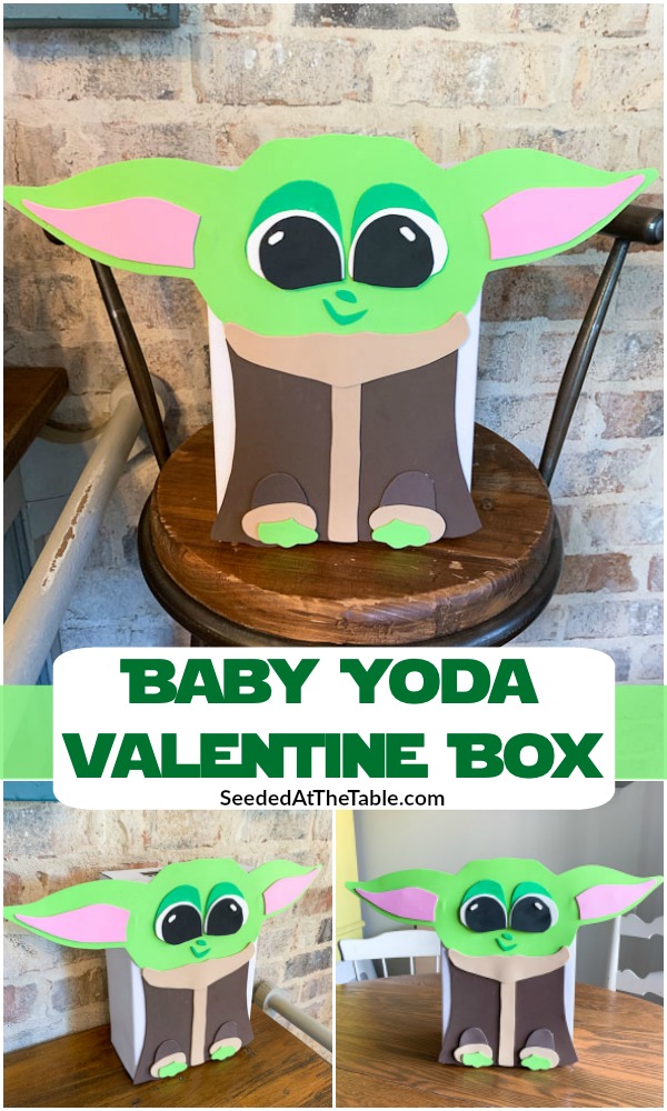 This Baby Yoda Valentine Box idea is super easy with the free printable provided from Fun Money Mom.