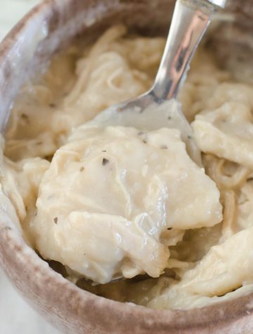spoonful of chicken and dumplings from bowl