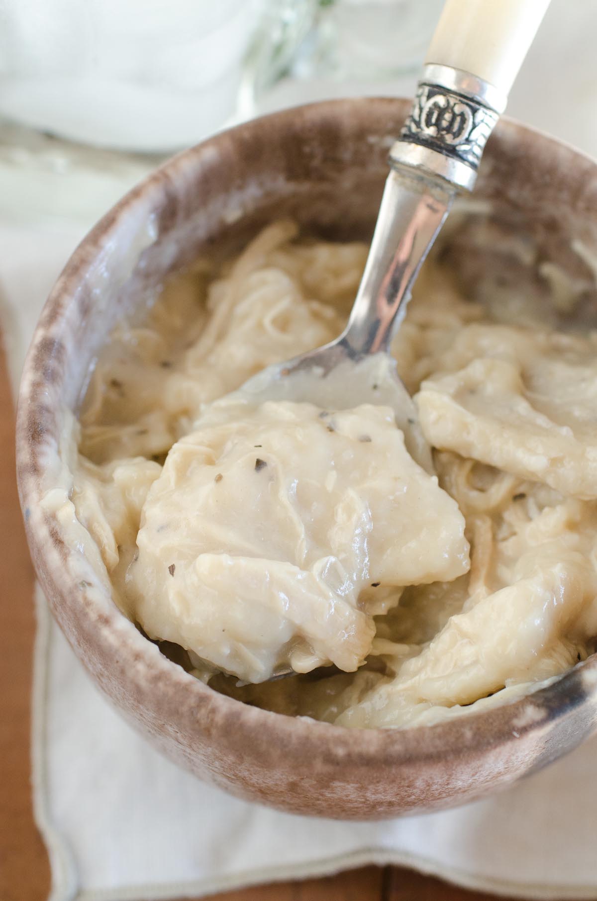 bowl of chicken and dumplings with spoon