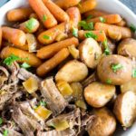 bowl of balsamic pot roast with carrots and potatoes