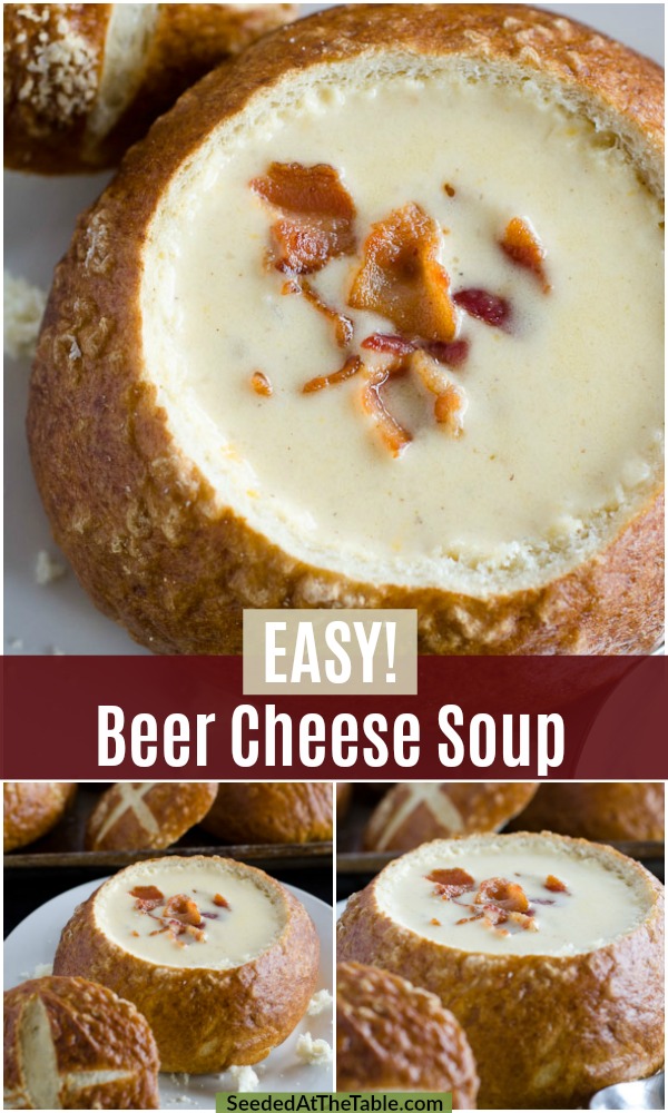 An easy creamy beer cheese soup recipe enhanced with the flavor of bacon and cooked in one pot.  Serve in our homemade pretzel bread bowls!