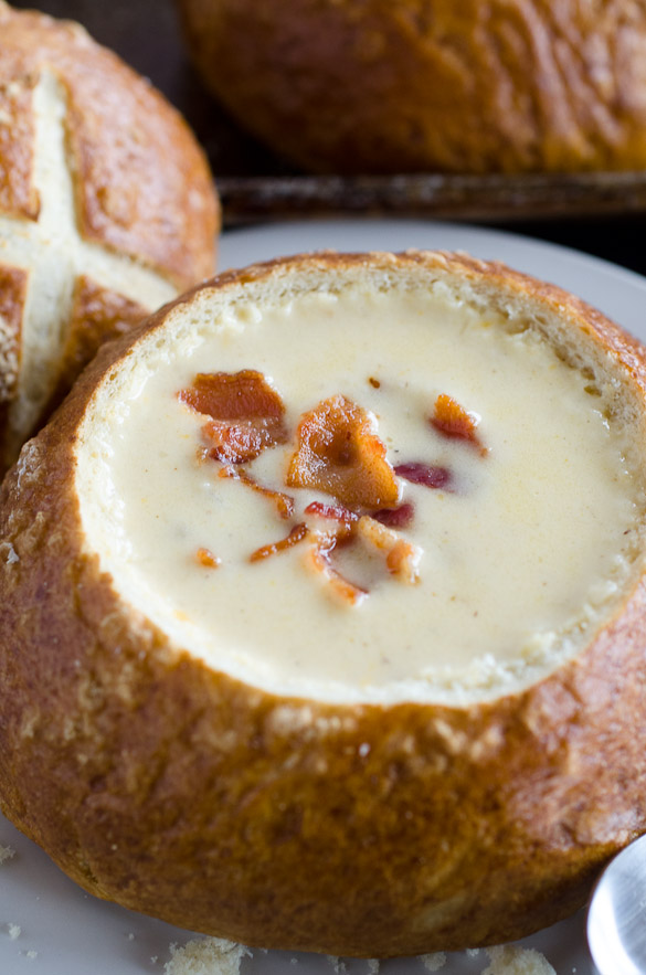 beer cheese soup in pretzel bread bowl