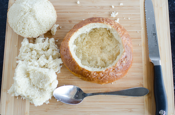 pretzel bread bowl with knife spoon and insides