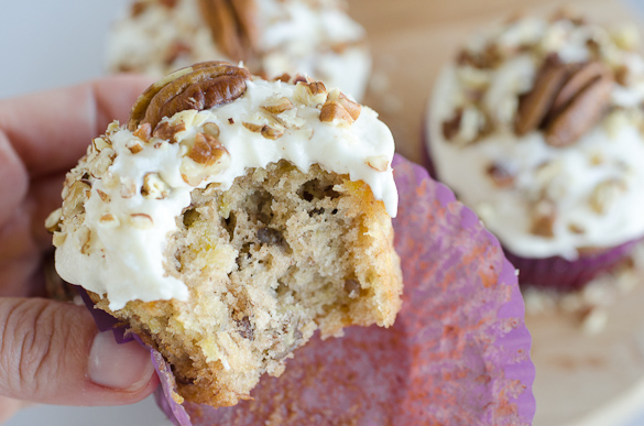 bite out of cupcake with pecan topping