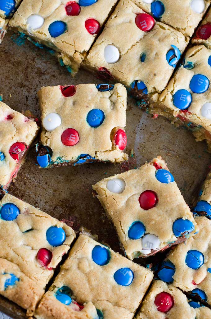 cookie bars with red white and blue M&M's