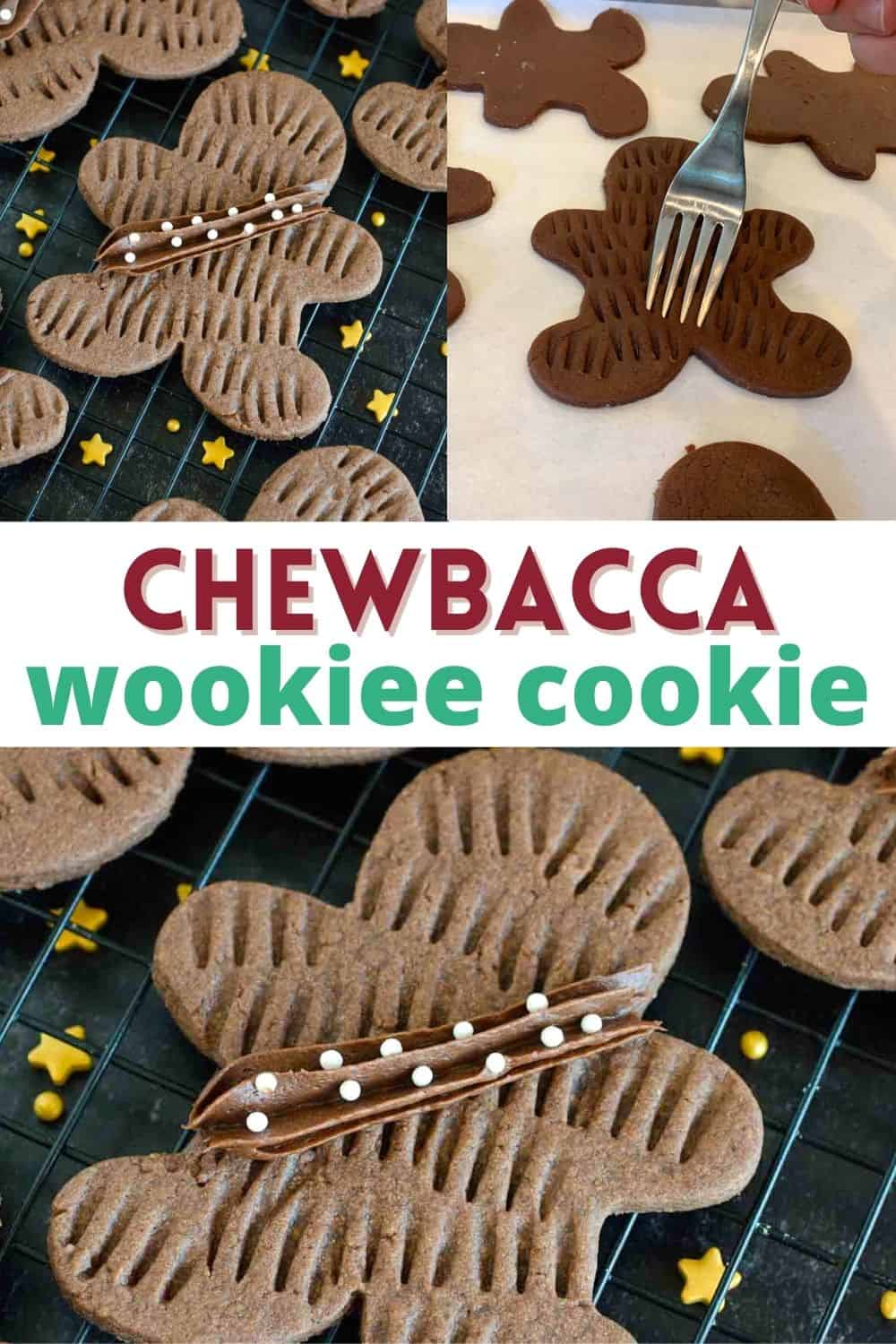 These Wookie Cookies are made with an easy chocolate sugar cookie recipe and a gingerbread man cookie cutter. Press fork tongs into the dough for the simple wookiee fur. May the 4th be with you as you enjoy these Chewbacca cookies for Star Wars day!