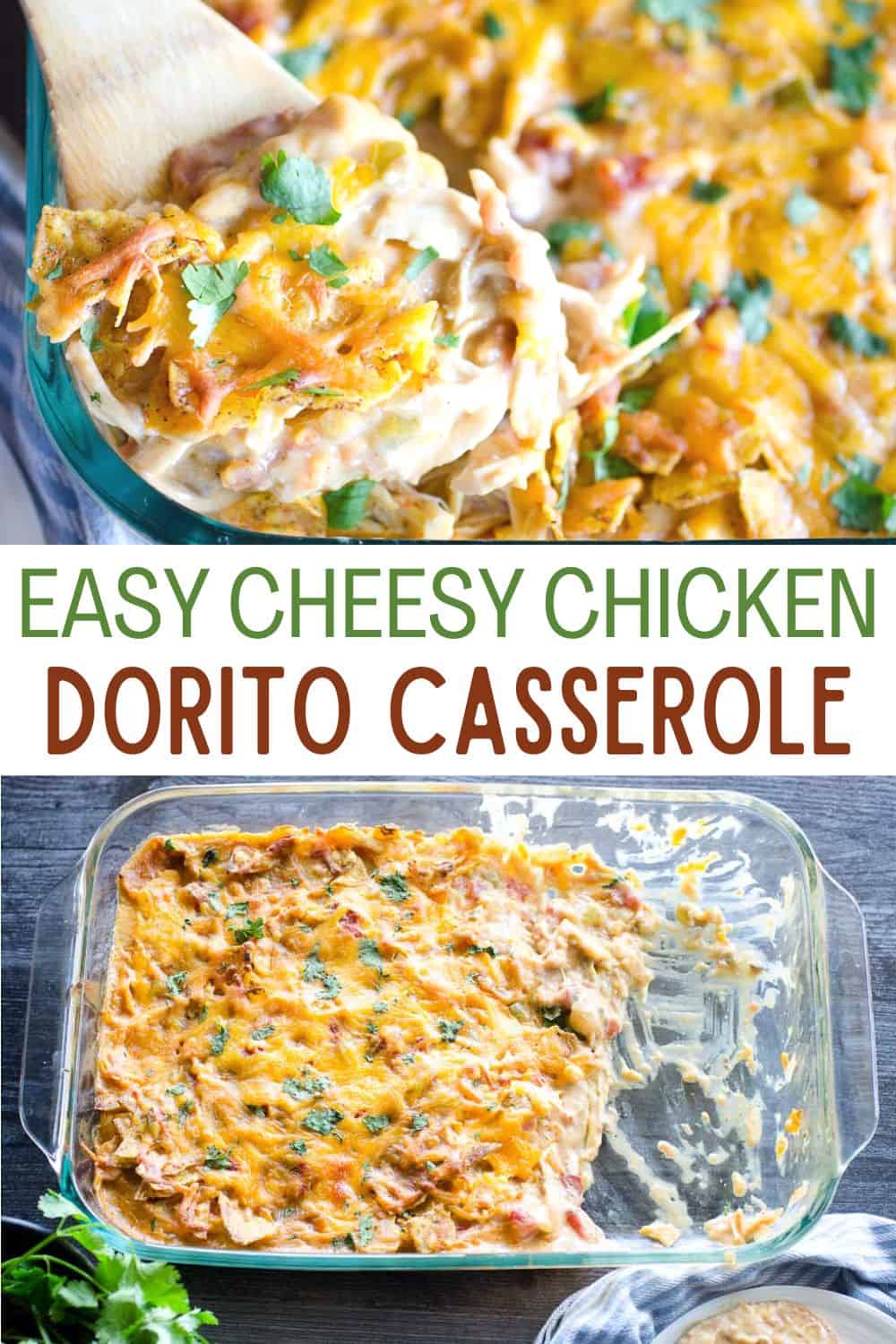 This Dorito casserole includes layers of cheesy chicken, Rotel, and crunchy Dorito chips baked in a casserole for a delicious and easy weeknight dinner!