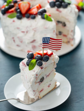 slice of cake with blueberries and strawberries and american flag