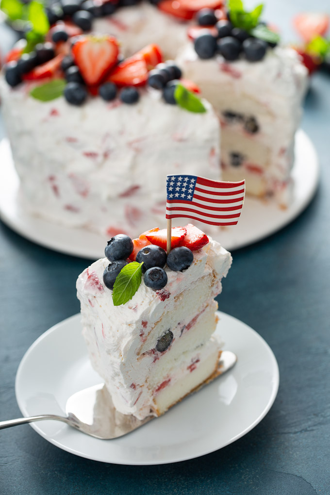 slice of cake with blueberries and strawberries and american flag